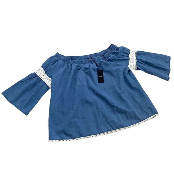 Joe’s Jeans Off The Shoulder Blue Chambray Blouse Crochet Trim Size Small - Picture 9 of 10